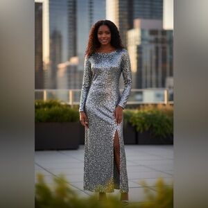 Silver Sequins Beaded Maxi Dress Vintage